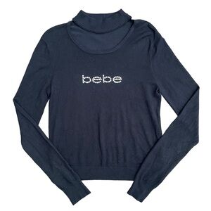Bebe Black Knit Y2K McBling Rhinestone Logo Choker Keyhole Long Sleeve Sweater